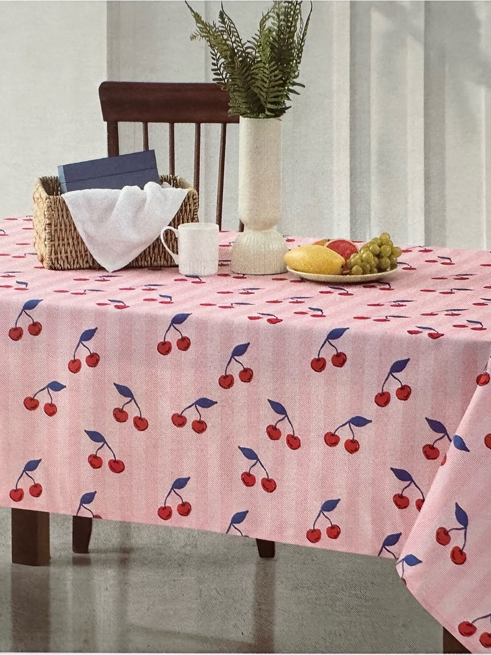 Pink Cherry Print Tablecloth - Charming Home Dining Linen